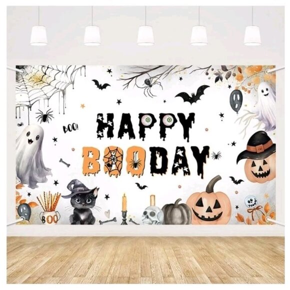 MEHOFOND Happy Booday Party Backdrop, Halloween Ghost Happy Birthday Party Decor - Picture 1 of 6